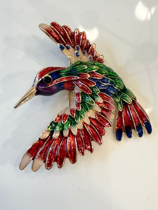 None Jewelry - Colorful Enamel Hummingbird Brooch Gold Multicolor Bird Pin Statement Jewelry